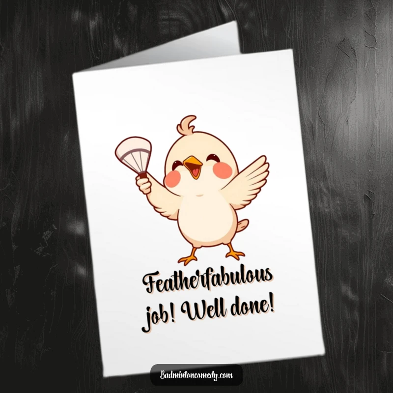 Funny Free Printable Congratulations Card: A small bird joyfully serves a shuttlecock with its beak, celebrating success.