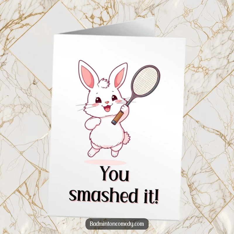 Funny Free Printable Congratulations Card: Fluffy bunny triumphantly swinging a badminton racket, cheering for your success.