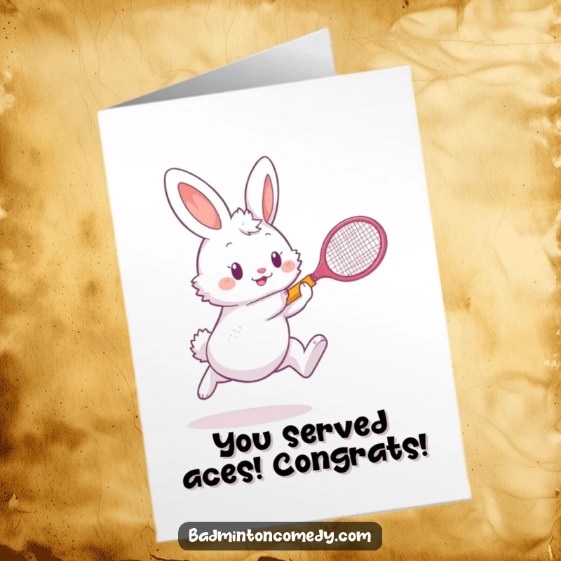 Funny Free Printable Congratulations Card: Bunny character energetically leaping with a tiny racket to hit a shuttlecock.