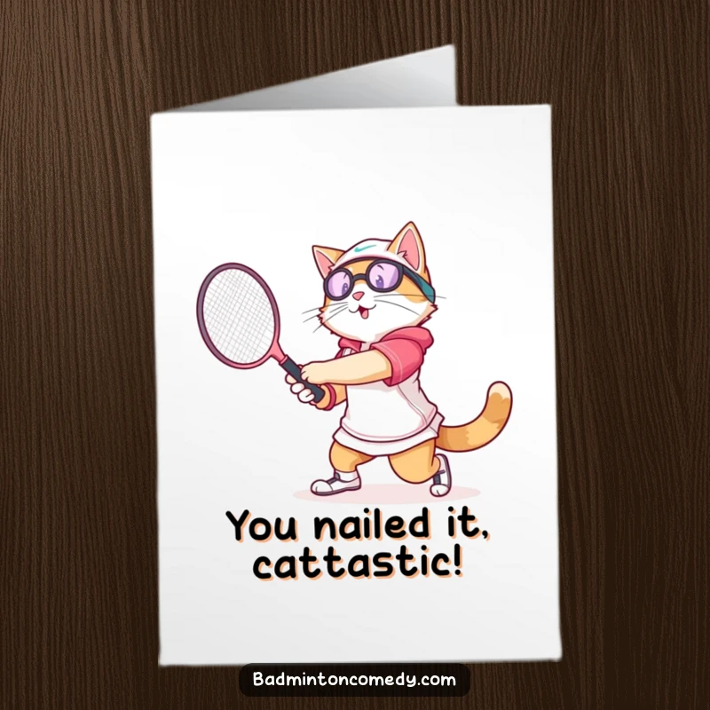 Free Printable athletic cat swinging a badminton racket with gusto, celebrating a congratulatory win.