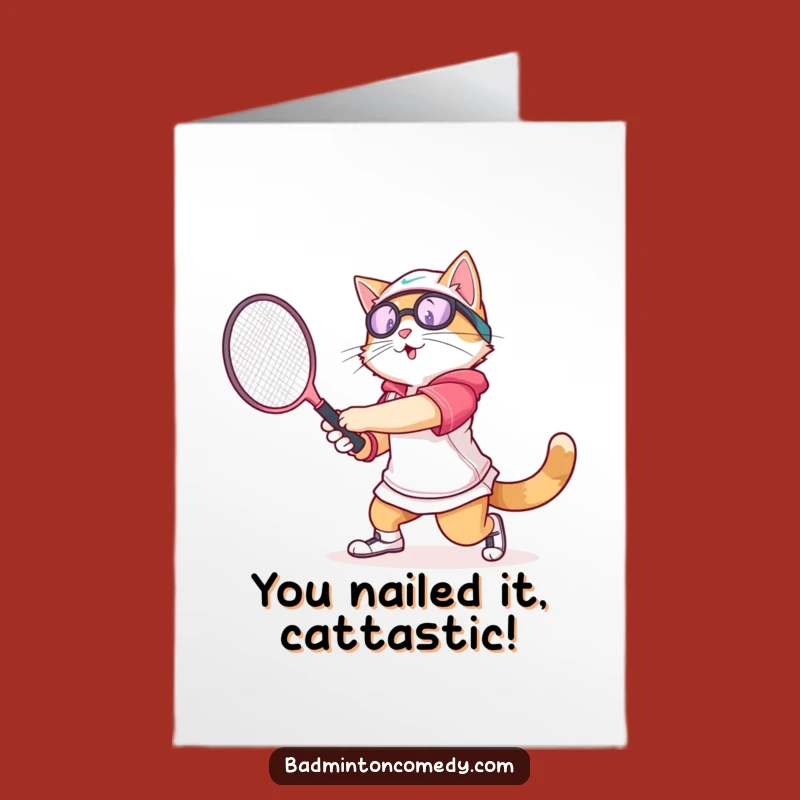 Free Printable Cat Congrats Card: Funny Badminton Champ Downloadable