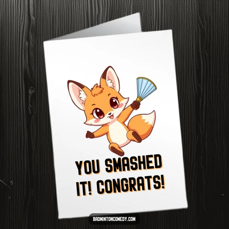 Funny Free Printable Congrats Card: Fox Leaping High to Smash Shuttlecock in Celebration.