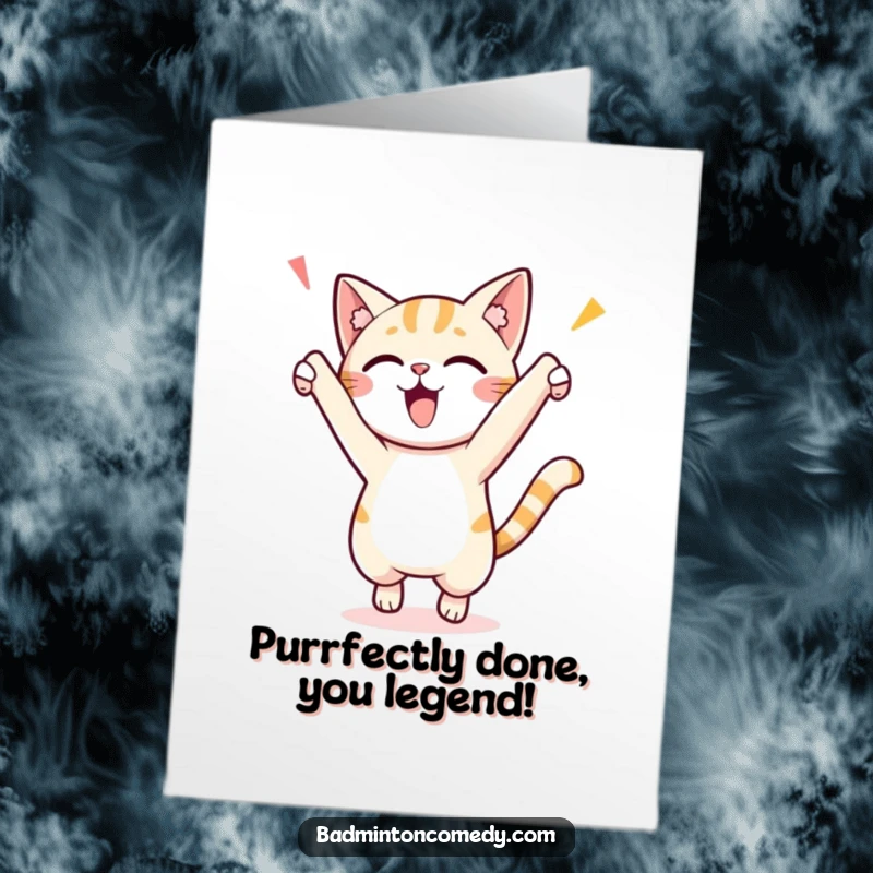Funny Free Printable Congratulations Card: Excited cat jumping joyfully after winning a point, a perfect congratulatory message.