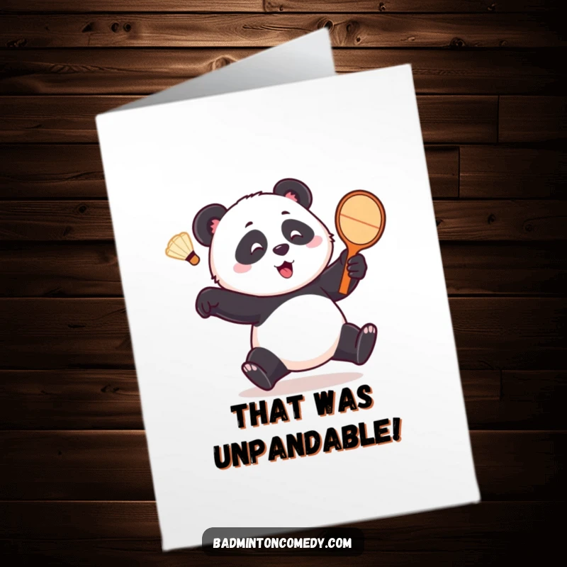 Funny Free Printable Congratulations Card: Playful panda comically chasing a shuttlecock with a racket, cheering on success.