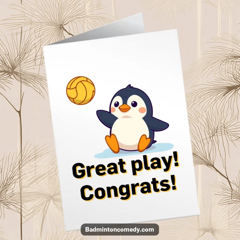 Funny Free Printable Congratulations Card: A determined penguin sliding on a court, triumphantly reaching for a winning volley.