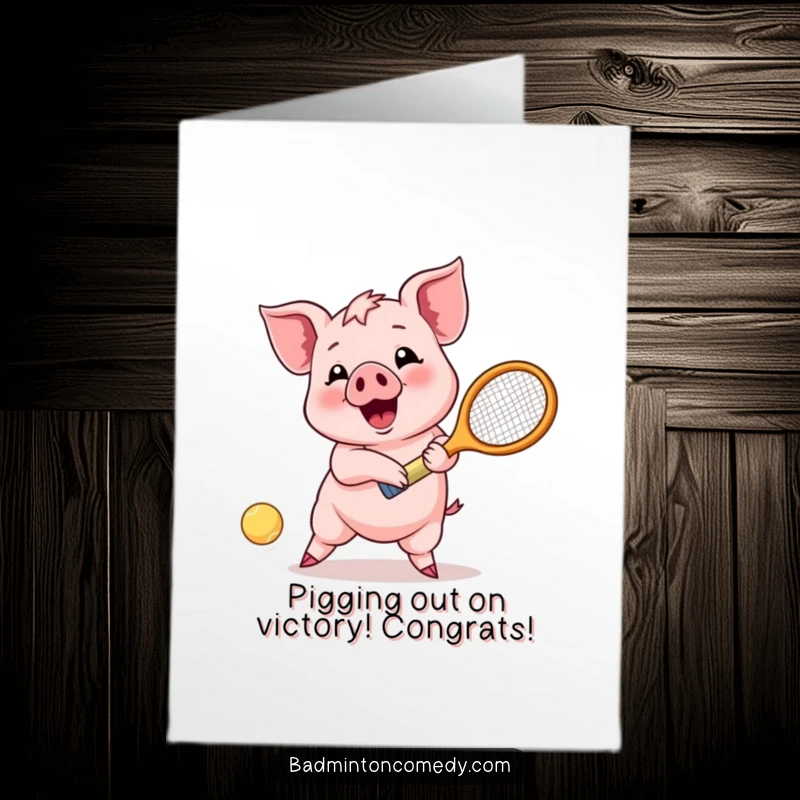 Funny Free Printable Congrats Card: Happy Piglet Enthusiastically Returning a Shot with a Racket.