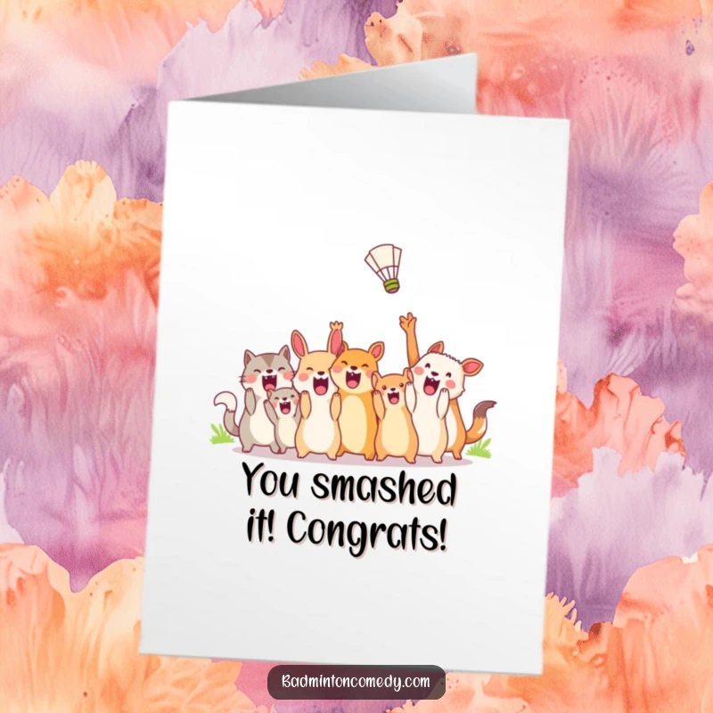 Funny Free Printable Congratulations Card: Animals cheering for a shuttlecock, celebrating a win with pure, wild excitement.