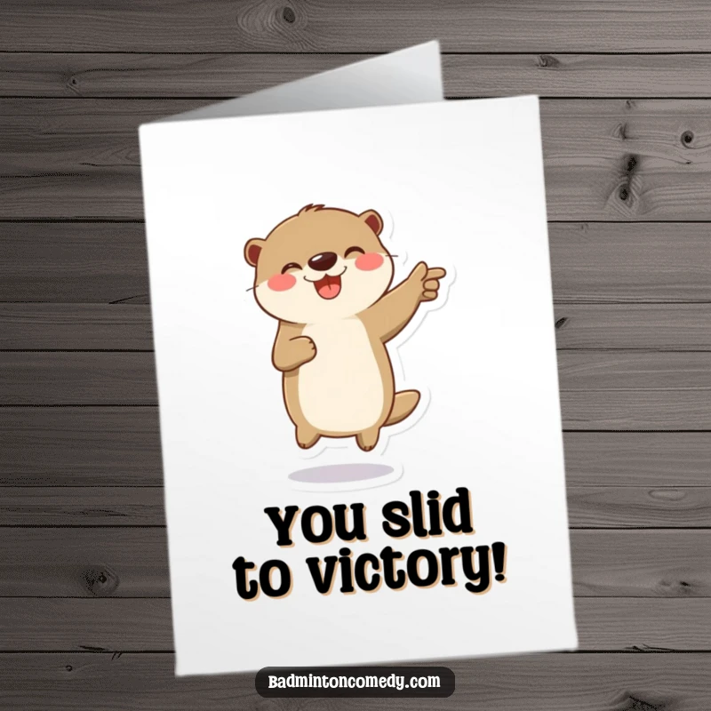 Funny Free Printable Congratulations Card: Playful otter character jumping with excitement, celebrating a point won.