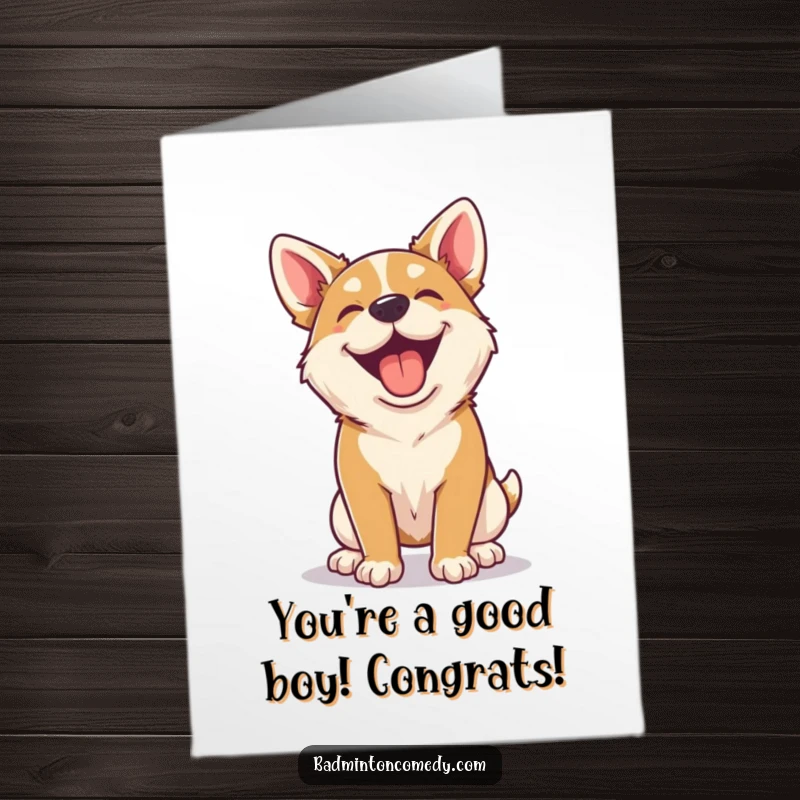 Funny Free Printable Congratulation Card: A happy dog panting after a rally, celebrating a win, downloadable gift.
