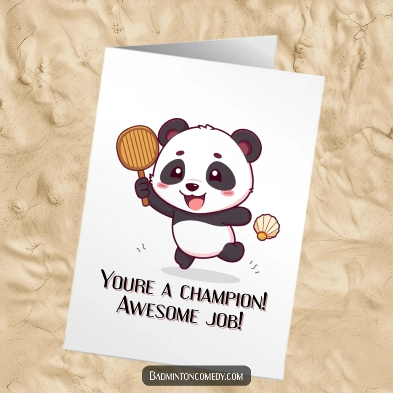 Funny Free Printable Congratulations Card: A joyful panda enthusiastically pursuing a shuttlecock, celebrating a victorious match.