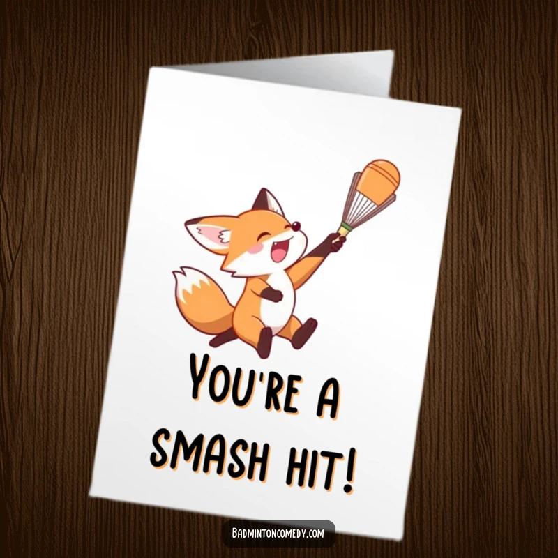 Funny Free Printable Congratulations Card: An excited fox executes a powerful overhead smash on a badminton shuttlecock.
