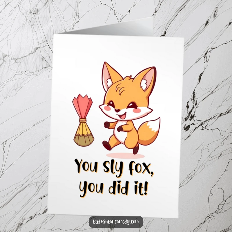 Funny Free Printable Congratulations Card: A sly fox character grinning while playfully chasing a rogue shuttlecock.