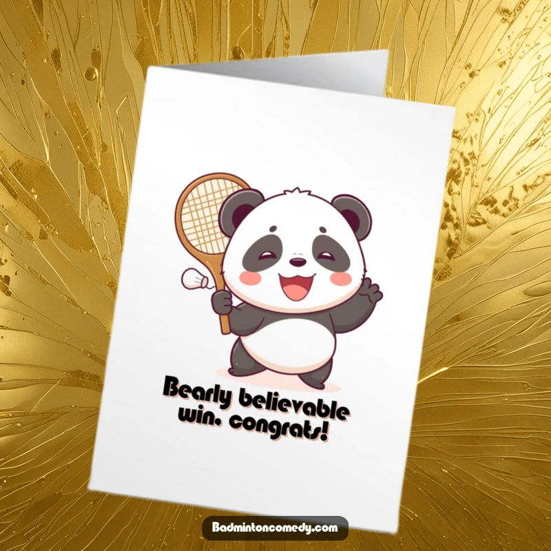 Funny Free Printable Congratulations Card: A panda player excitedly hits a shuttlecock with a comically large racket.