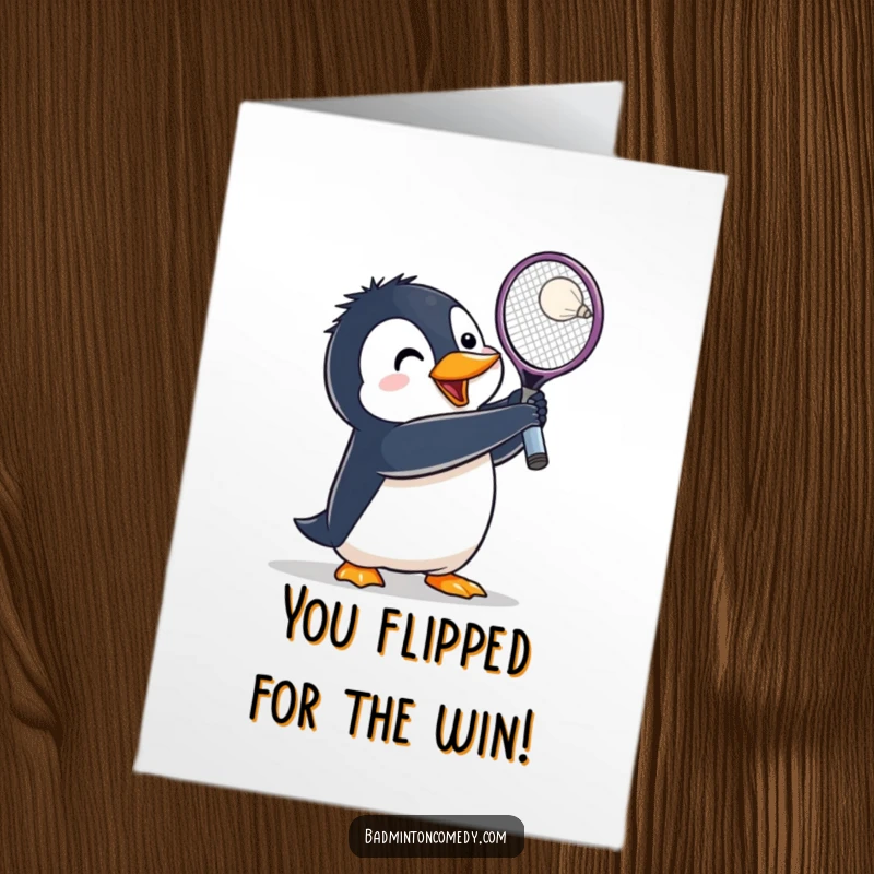 Funny Free Printable Congratulations Card: A penguin character lunging to hit a shuttlecock, celebrating victory.