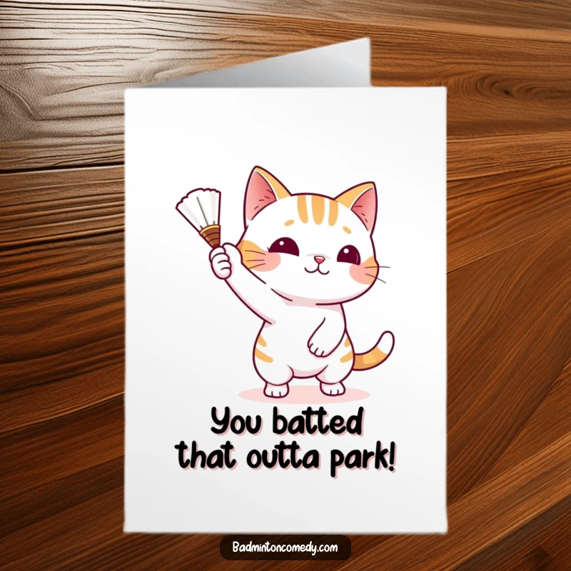 Funny free printable congratulations card with a playful cat batting a shuttlecock with its paw, looking proud and happy.