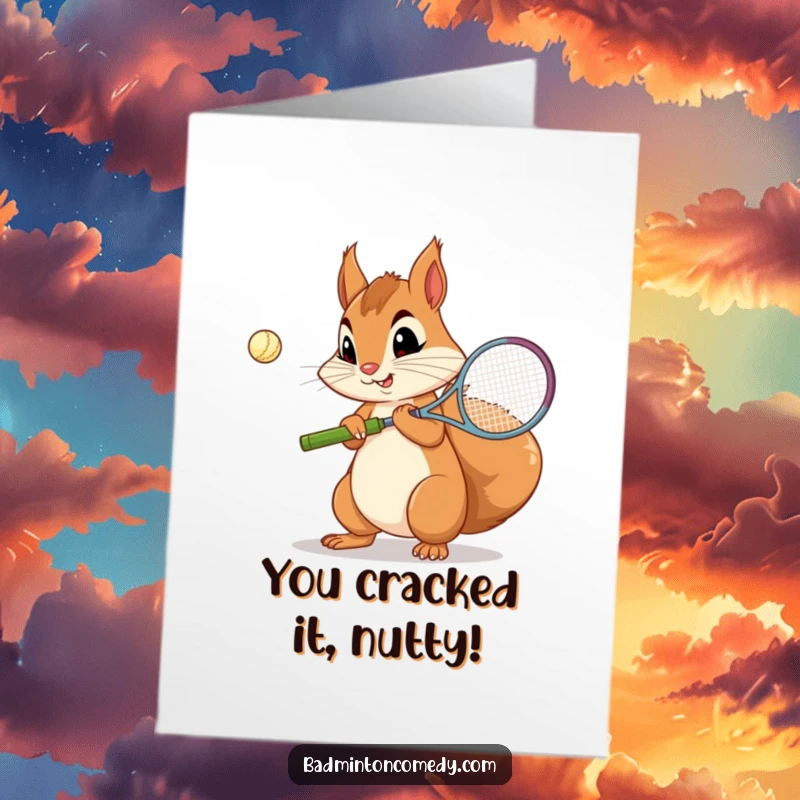 Funny Free Printable Congratulations Card featuring a curious squirrel with a concentration face practicing its badminton serve.