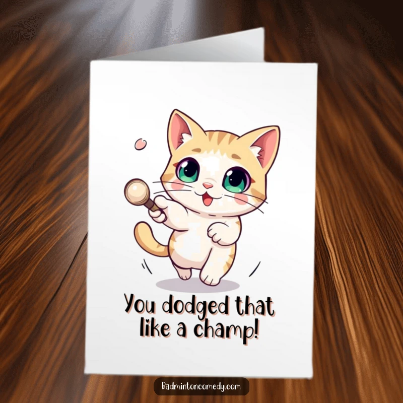Funny Free Printable Congratulations Card: A cat with huge eyes humorously evading a speedy shuttlecock, ideal for congratulations.