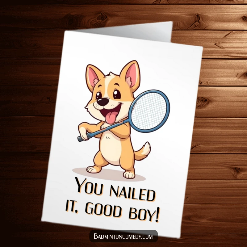 Funny Free Printable Congratulations Card: A happy dog swinging a badminton racket with powerful enthusiasm.