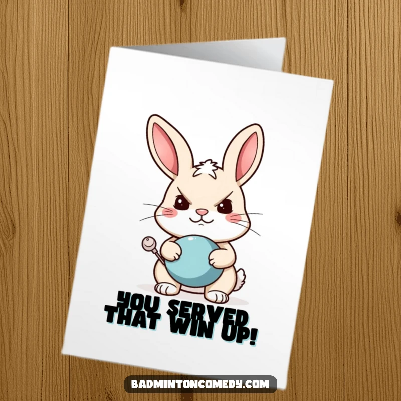 Funny Free Printable Congratulations Card: Rabbit tennis player celebrating a winning point with a determined, proud grin.
