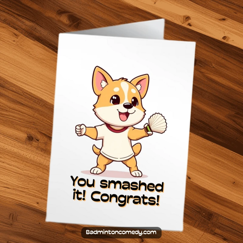 Funny Free Printable Congratulations Card: Energetic dog poised to smash shuttlecock, celebrating a great achievement.