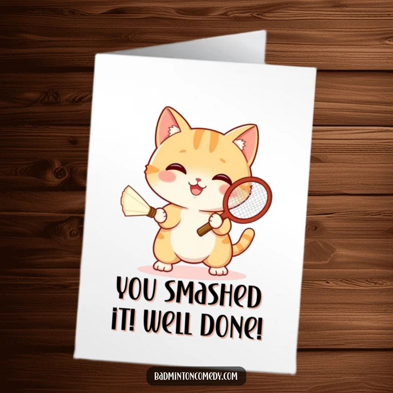 Funny Free Printable Congratulations Card: A gleeful cat in athletic gear serving a shuttlecock with a tiny racket, celebrating a win.