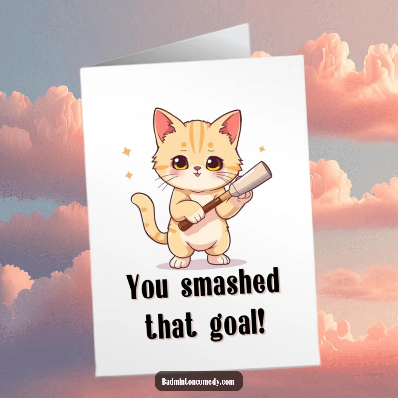 Funny Free Printable Congratulations Card: A cat striking a chic pose, having just landed a winning tennis smash.
