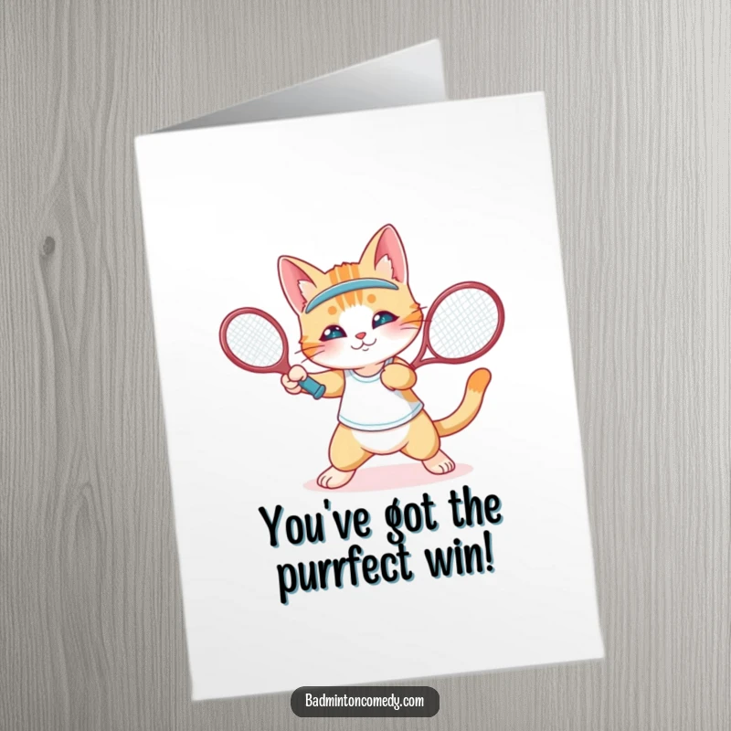 Funny Free Printable Congratulations Card: A cat character executes a swift wrist flick with a racket, signifying a win.