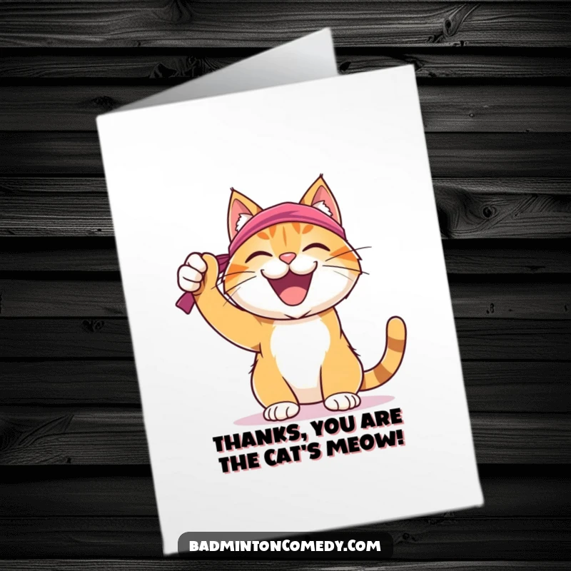 Funny Free Printable Thank you Card featuring a joyful cat wearing a sweatband, celebrating a successful shot in badminton.