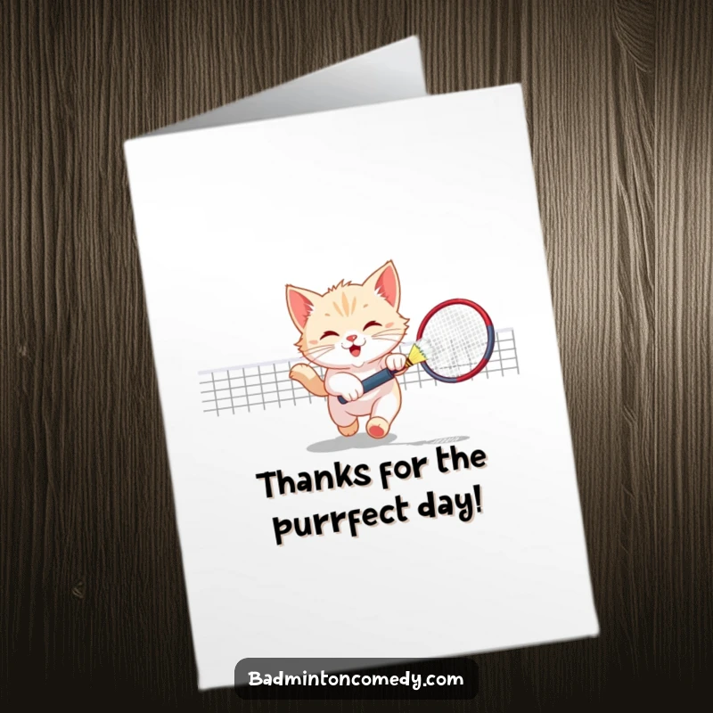 Funny Free Printable Thank You Card: A cute kitten playfully batting a shuttlecock, sending heartfelt thanks.