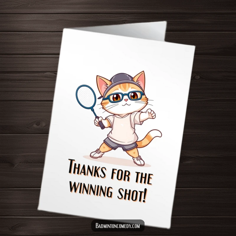 Funny Free Printable Thank You Card: An athletic cat in motion, swinging a badminton racket with gusto to express sincere thanks.