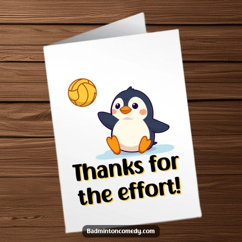 Funny Free Printable Thank You Card: A penguin character hilariously sliding on court, stretching for a volley, saying thanks.