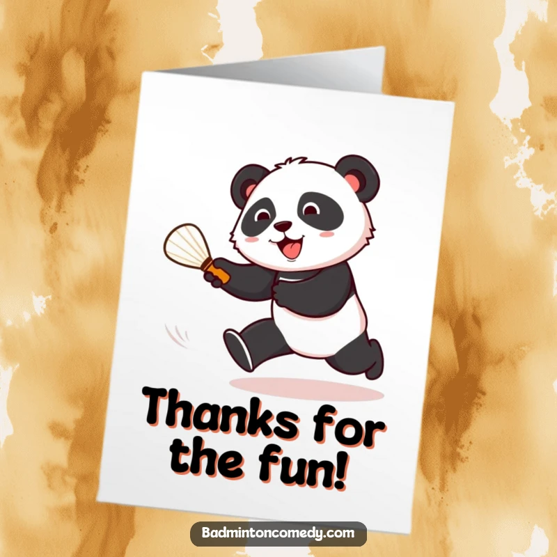 Funny Free Printable panda excitedly chasing a shuttlecock on a thank you card, full of energy.