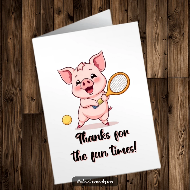 Funny Free Printable Thank You Card: Piglet Happily Returning a Shot with a Racket.