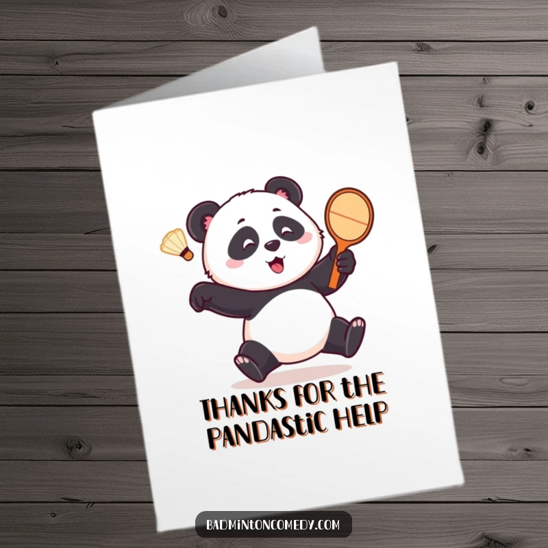 Funny Free Printable Thank You Card: Playful panda comically chasing a shuttlecock with a racket, expressing gratitude humorously.