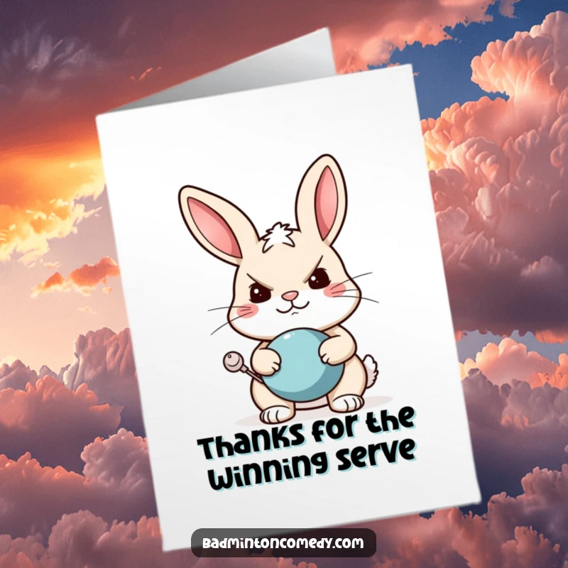 Funny Free Printable Thank You Card: Rabbit tennis player with a determined grin, ready to return a serve.