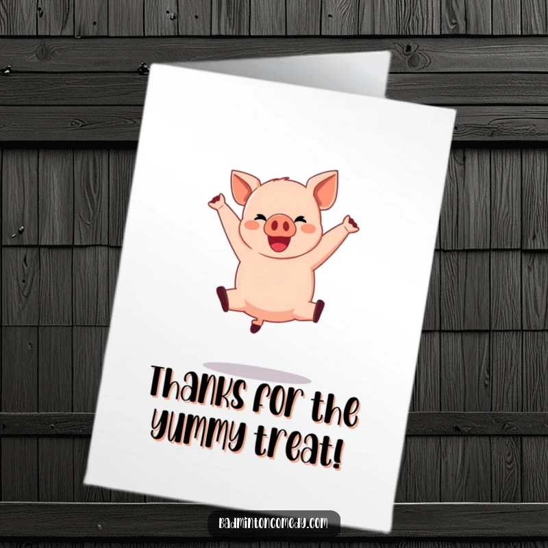 Funny Free Printable Thank you Card of a happy pig character in mid-air performing a dramatic jump shot with a smile.
