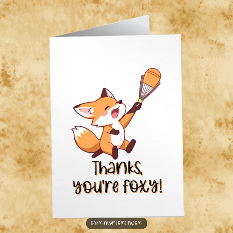 Funny Free Printable Thank You Card: An excited fox leaps to smash a badminton shuttlecock, symbolizing thanks.