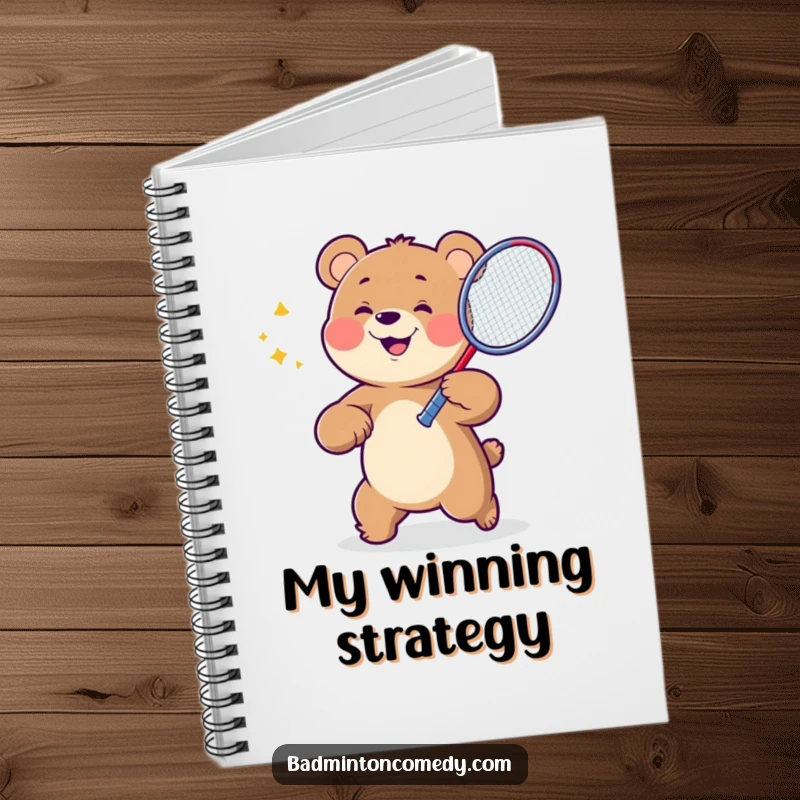 Funny Bear Badminton Notebook featuring a determined bear character swinging a badminton racket, ready to record brilliant ideas.