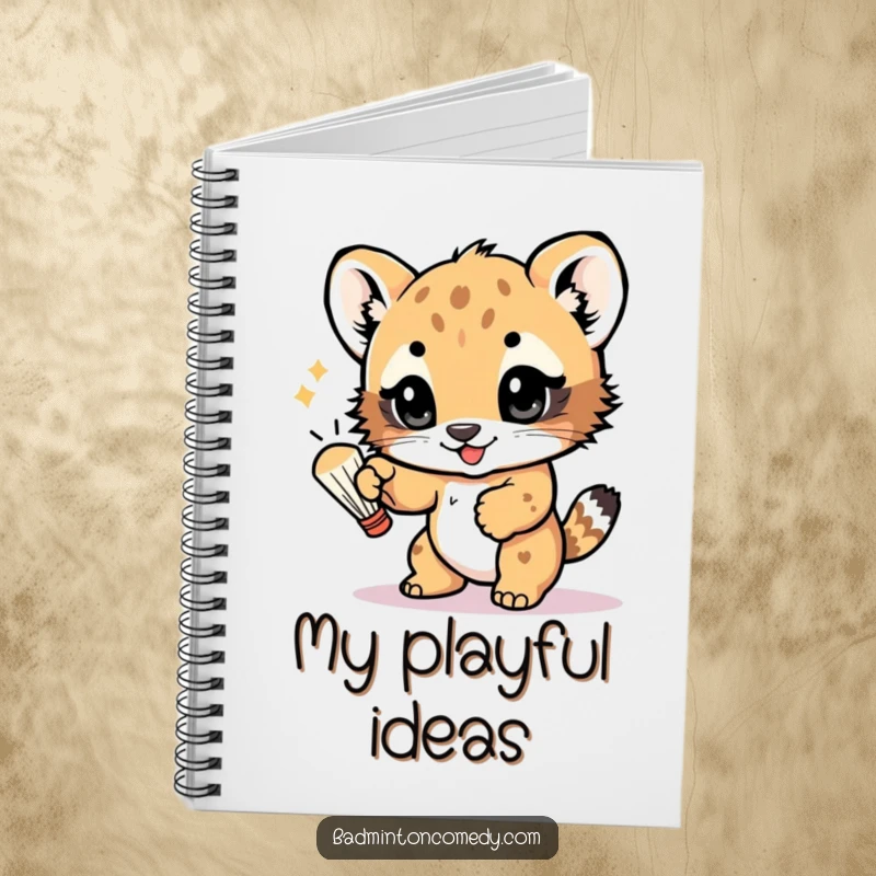 Funny notebook featuring a playful bear cub batting a shuttlecock with its paw, eyes sparkling with fun, perfect for note-taking.