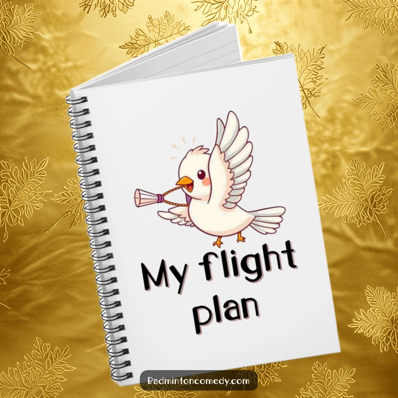 Funny bird character soaring with a shuttlecock in its beak, on a humorous badminton notebook, ideal for writing.