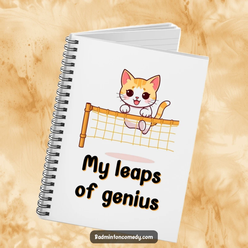 Funny notebook featuring a determined cat character executing an impressive jump over a net, ideal for jotting down athletic aspirations.