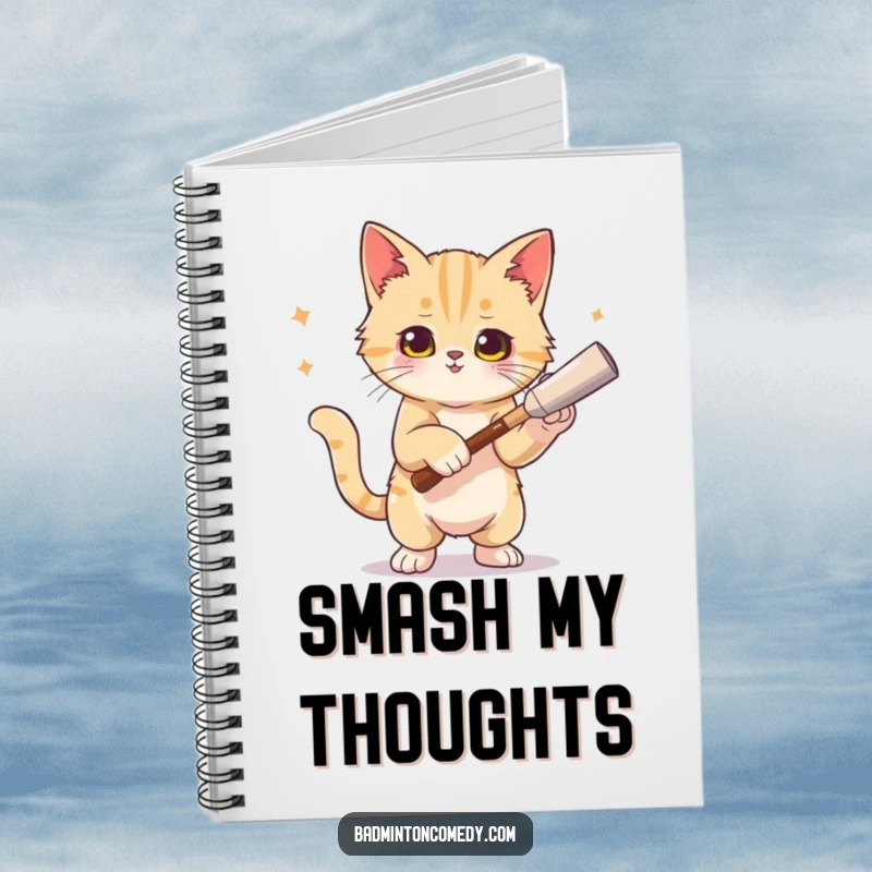 Funny cat tennis notebook featuring a triumphant cat posing after a smash, perfect for notes and sketches.