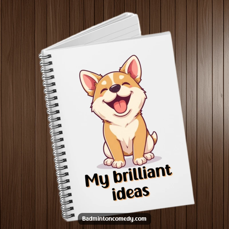 Funny happy dog panting after a badminton rally on a notebook cover, symbolizing happy thoughts.