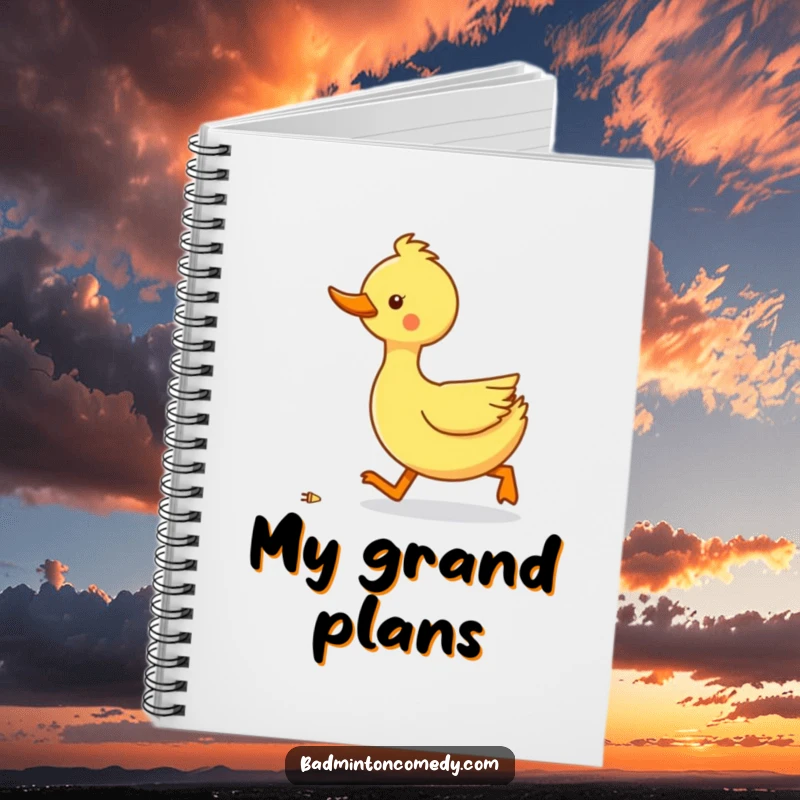 Funny duck waddling quickly after a shuttlecock on a notebook cover, symbolizing pursuit of ideas.