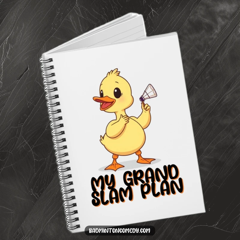 Funny duckling notebook, a determined baby bird poised to smash a shuttlecock with its beak, ready for your humorous notes and ideas.