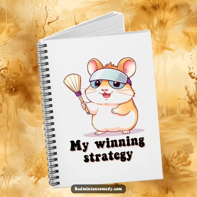 Funny hamster in visor serving shuttlecock on a lined notebook for taking notes with athletic humor.