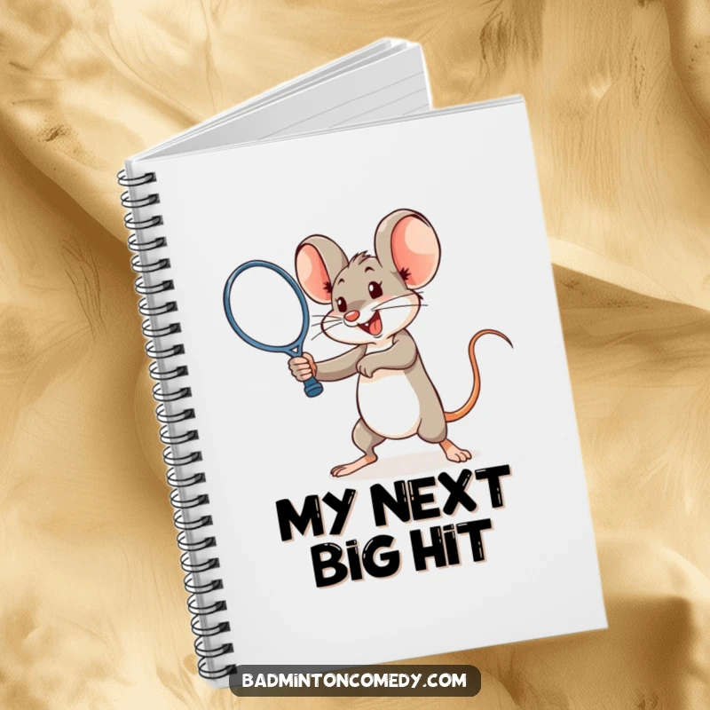 Funny mouse delivering a powerful badminton smash on a notebook cover, encouraging goal achievement.