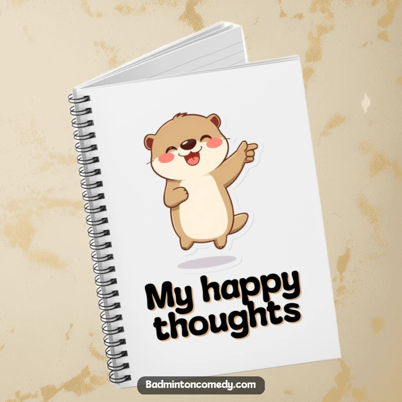 Funny notebook featuring a playful otter character jumping in celebration on a badminton court, great for jotting notes.