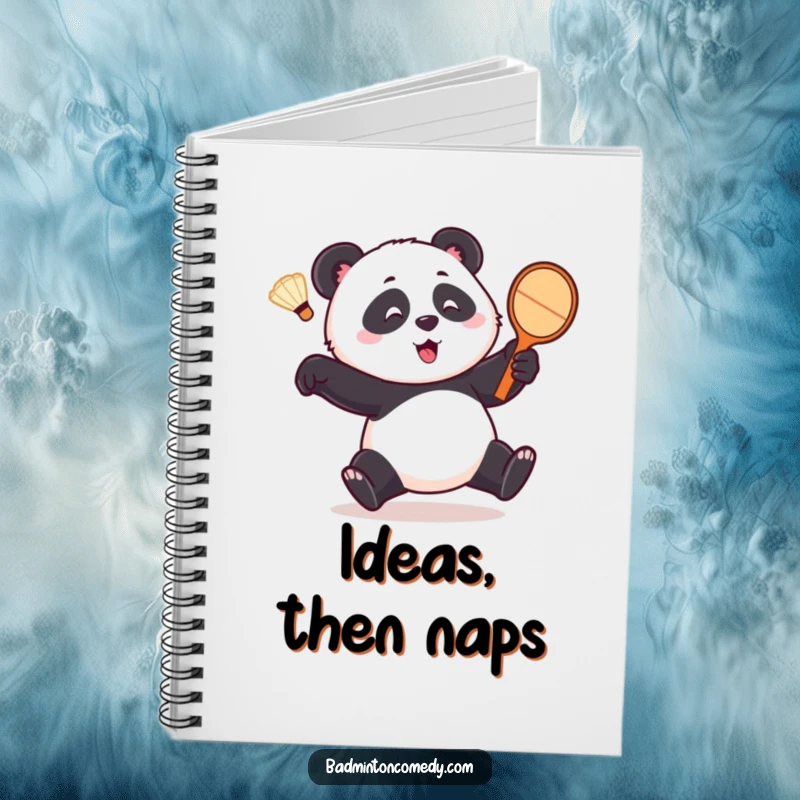 Funny panda notebook, a playful bear comically chasing a shuttlecock with a racket, ready to capture your humorous thoughts and plans.