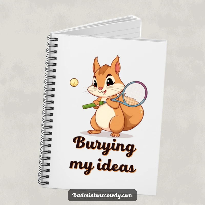 Funny Squirrel Badminton Notebook: A curious squirrel concentrating on its badminton serve, perfect for note-taking.
